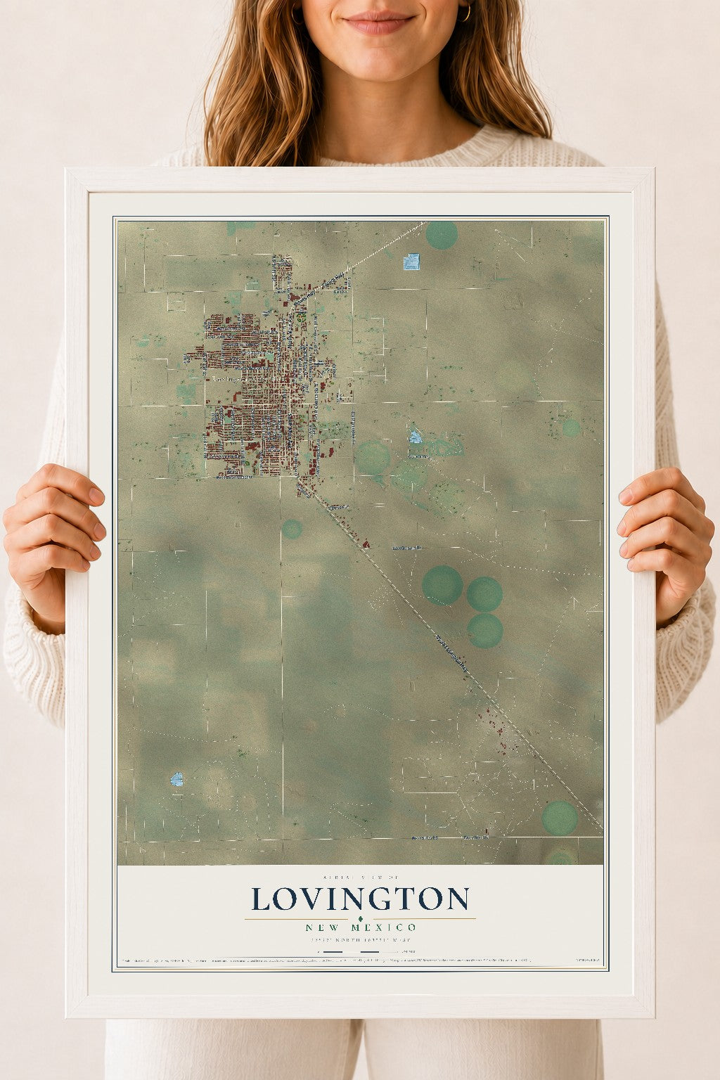 Map of Lovington, New Mexico, 18 x 24 inch print in a white wood frame