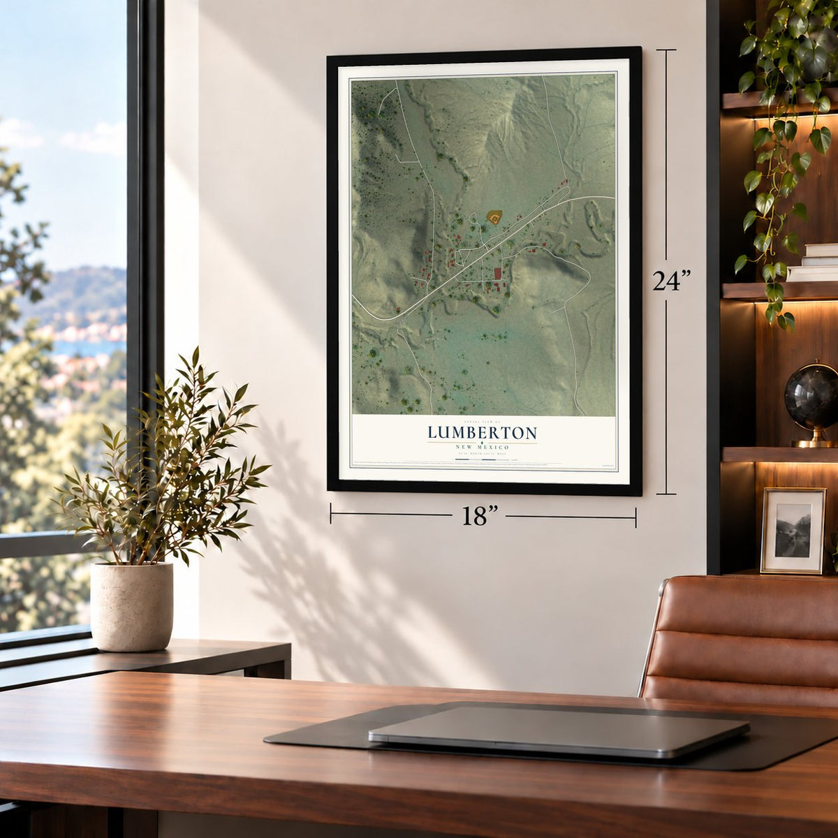 Lumberton, New Mexico map, 18 x 24 inch print in a black frame in a home office