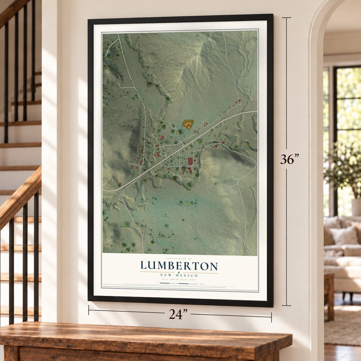 Lumberton, New Mexico map, 24 x 36 inch print in a black frame by a staircase