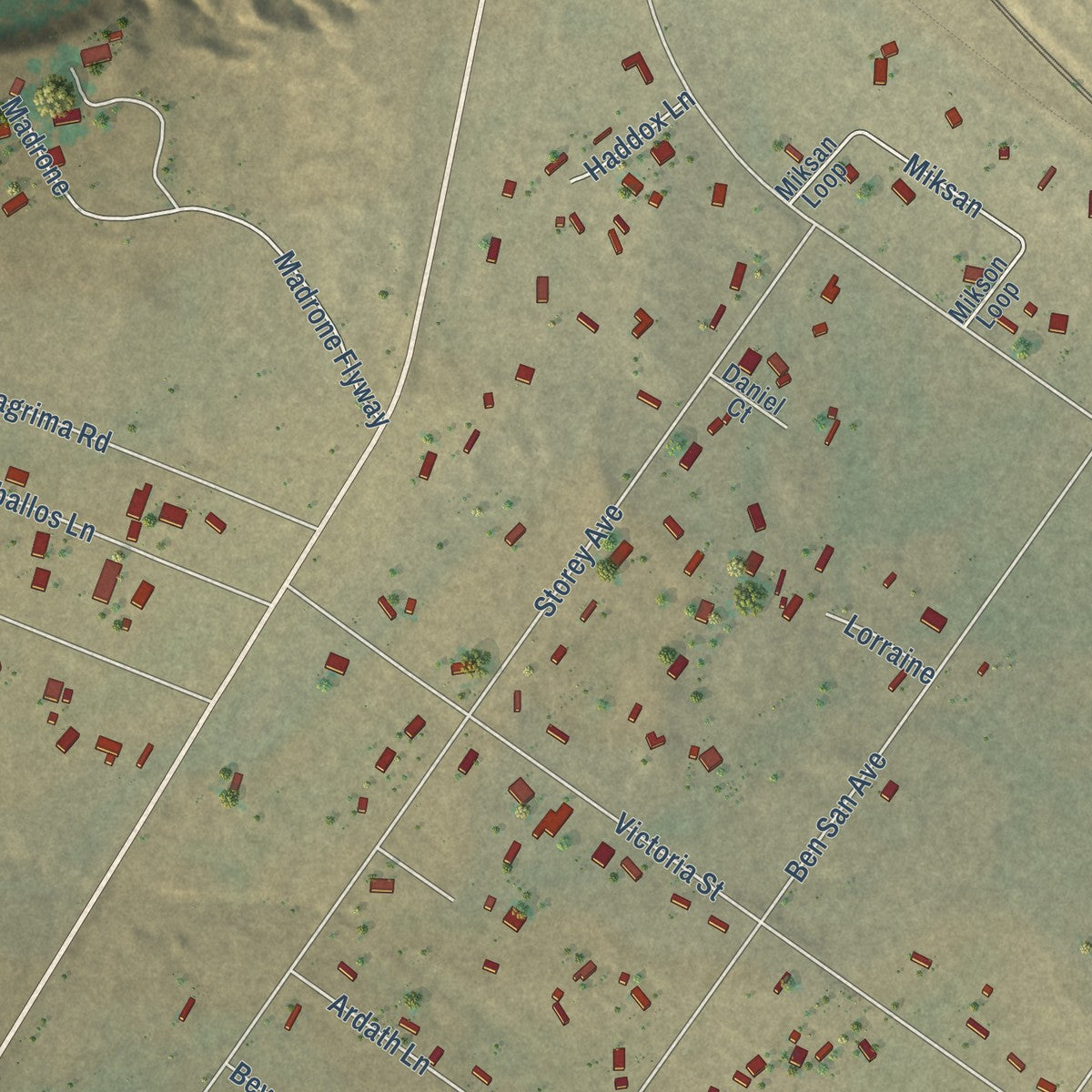 Close-up of the map of Madrone, New Mexico print showing street and building detail