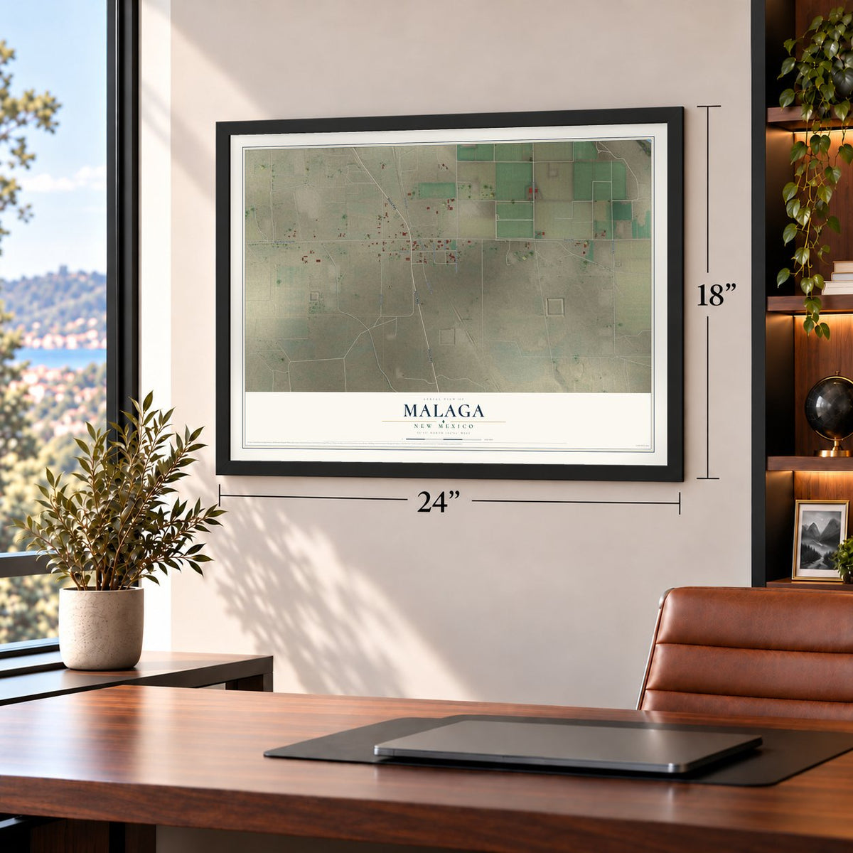 Malaga, New Mexico map, 18 x 24 inch print in a black frame in a home office