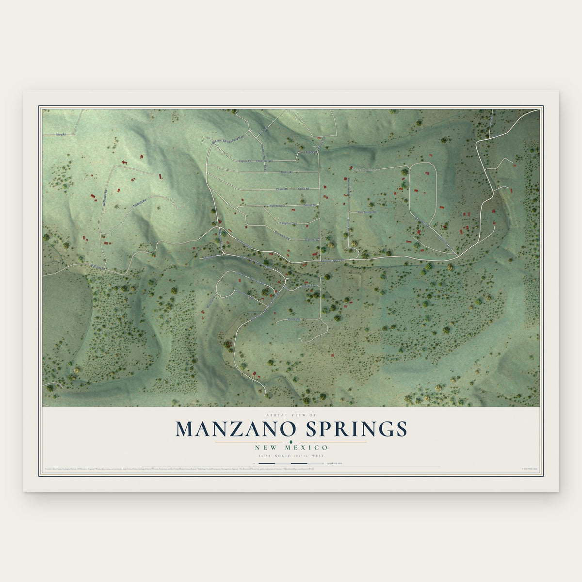 Manzano Springs, New Mexico map print, the full design