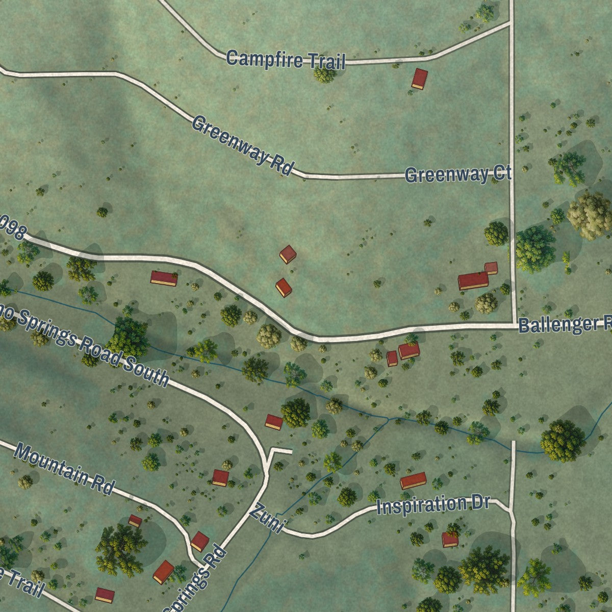 Close-up of the map of Manzano Springs, New Mexico print showing street and building detail