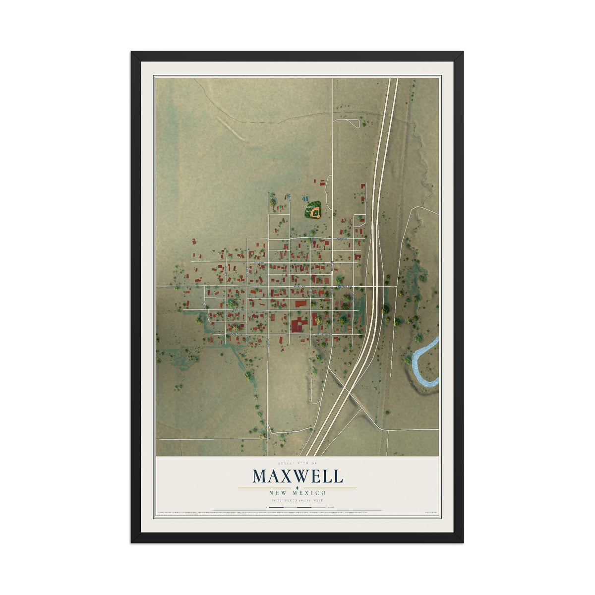 Map of Maxwell, New Mexico, 12 x 18 inch print in a black wood frame