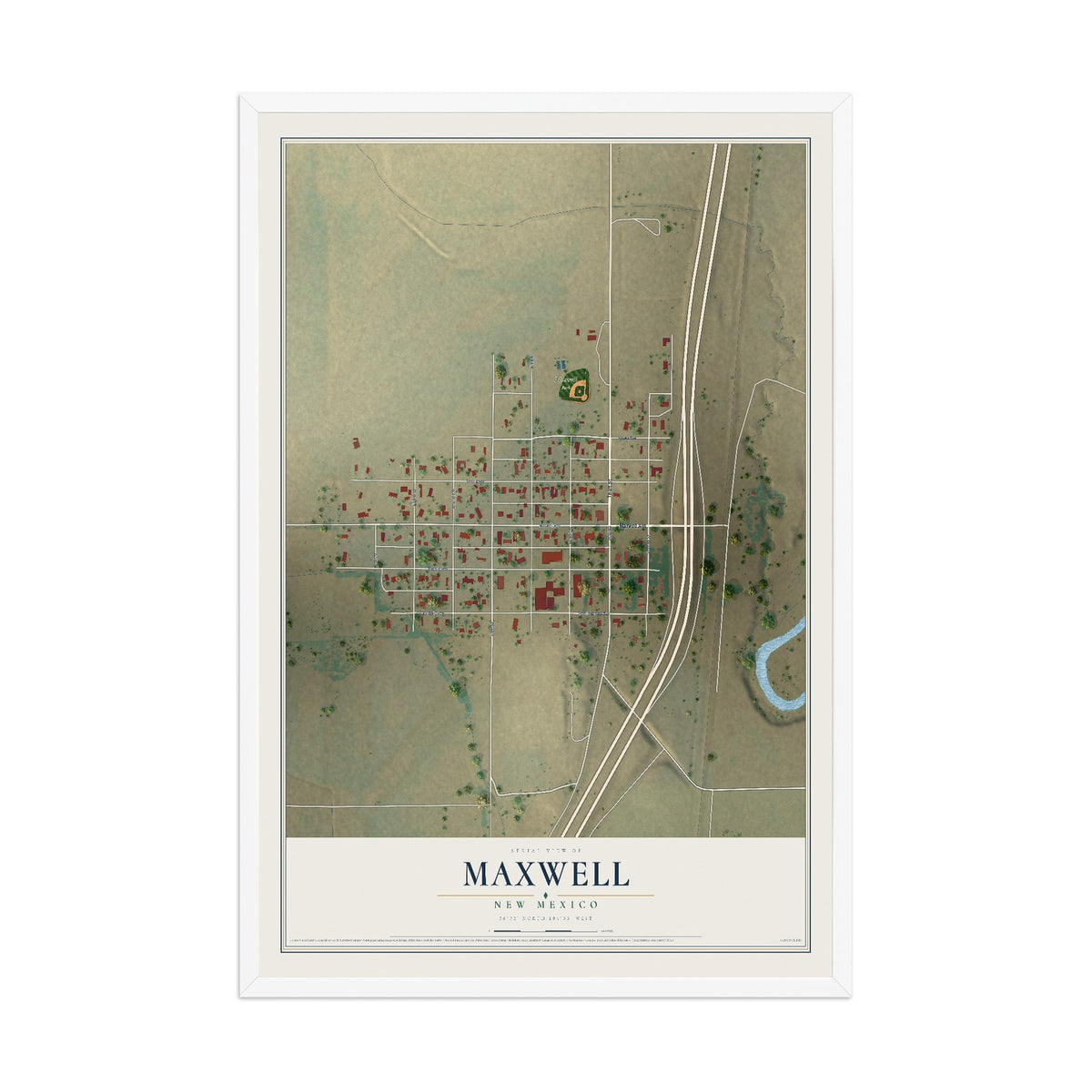Map of Maxwell, New Mexico, 12 x 18 inch print in a white wood frame