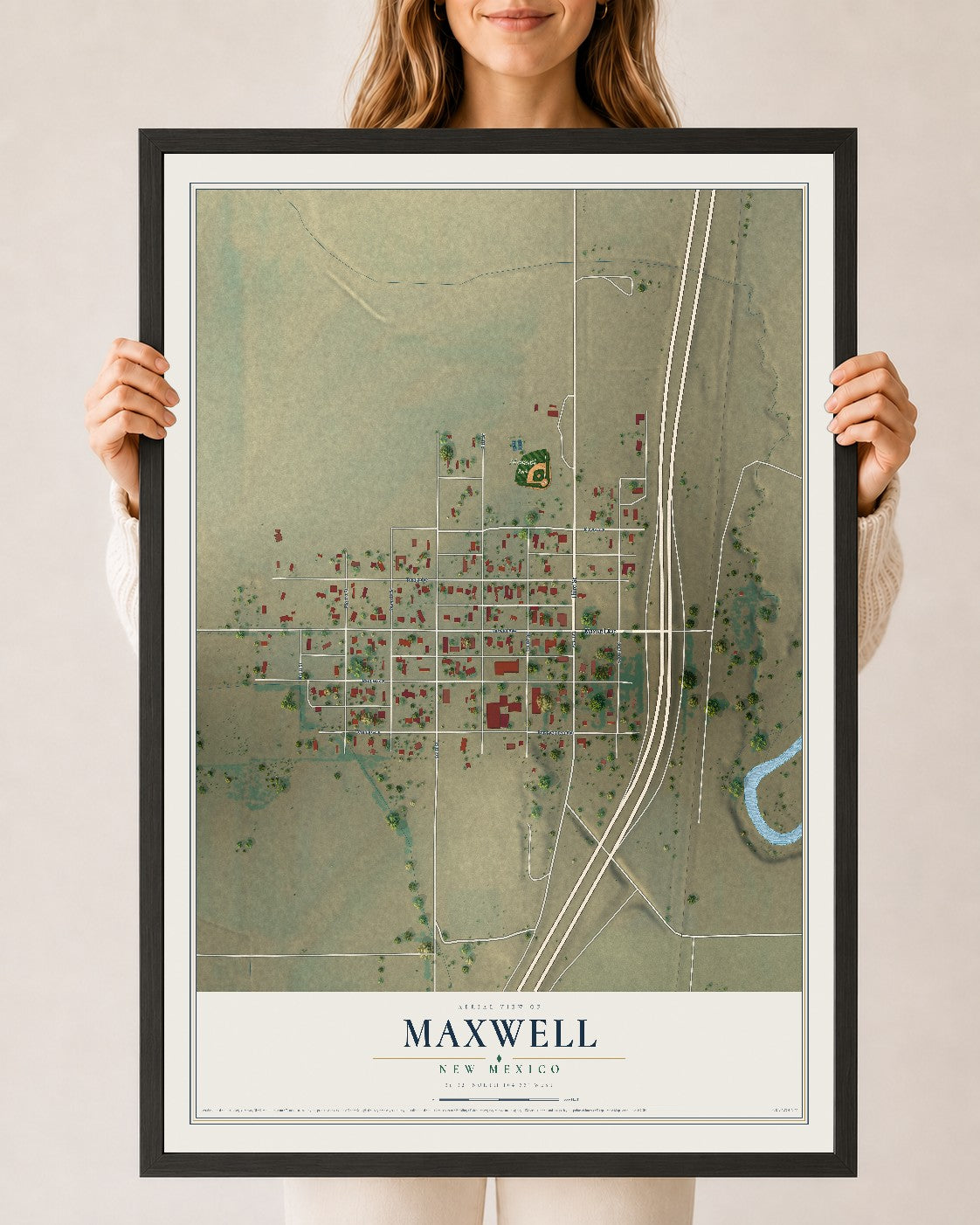 Map of Maxwell, New Mexico, 24 x 36 inch print in a black wood frame