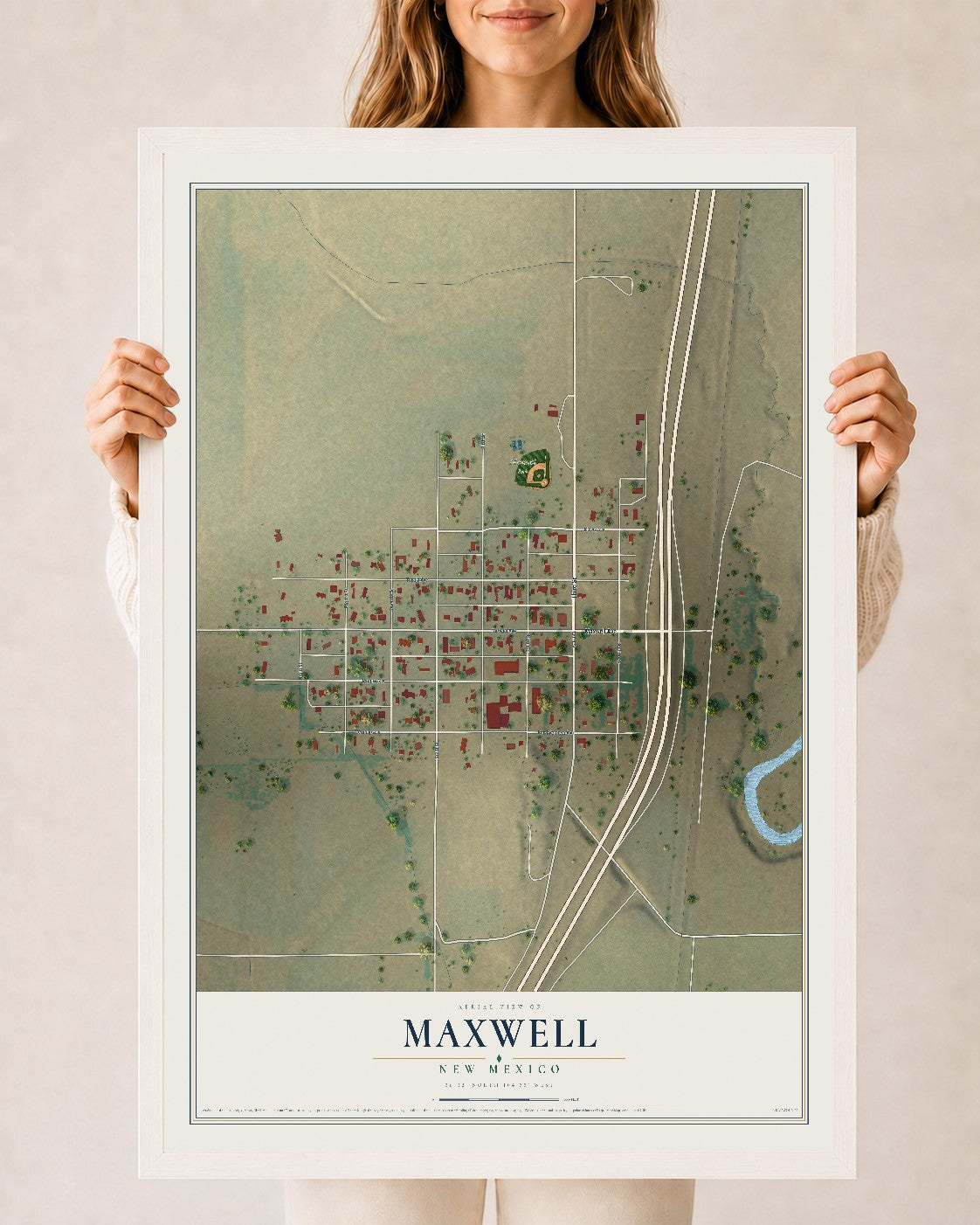Map of Maxwell, New Mexico, 24 x 36 inch print in a white wood frame