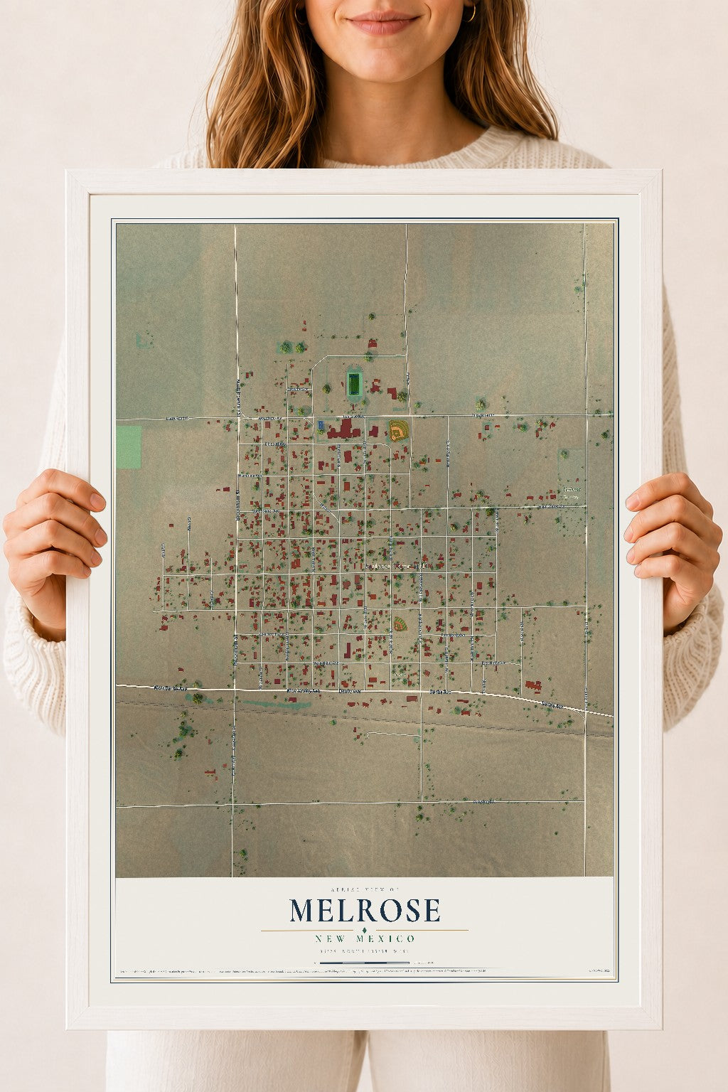 Map of Melrose, New Mexico, 18 x 24 inch print in a white wood frame