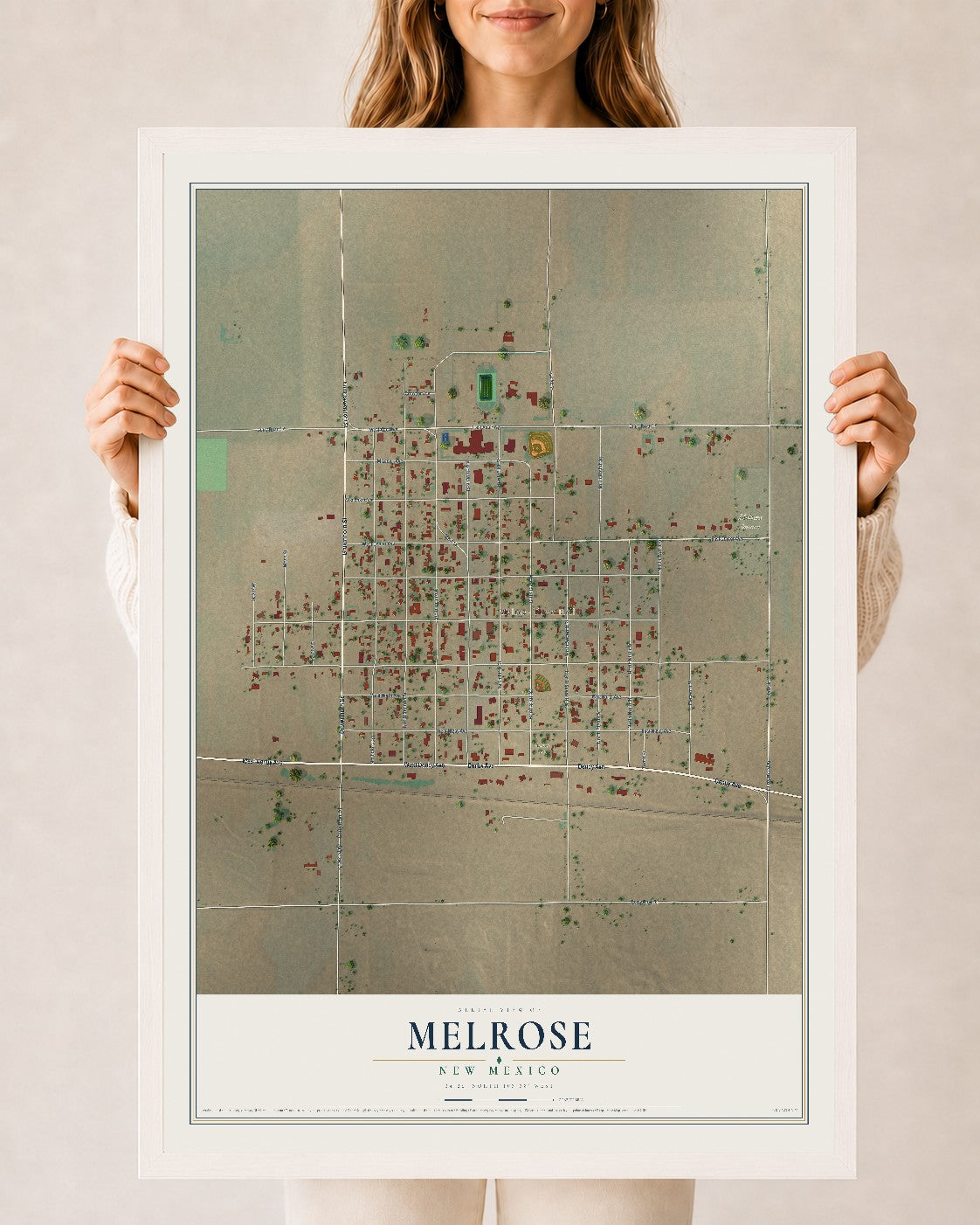 Map of Melrose, New Mexico, 24 x 36 inch print in a white wood frame