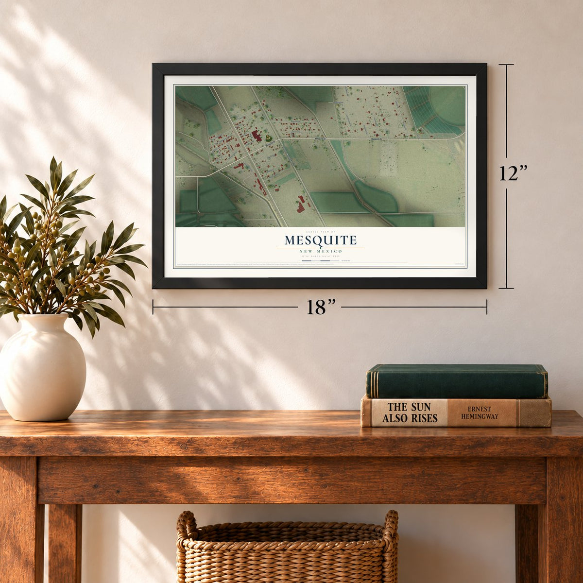 Mesquite, New Mexico map, 12 x 18 inch print in a black frame in an entryway