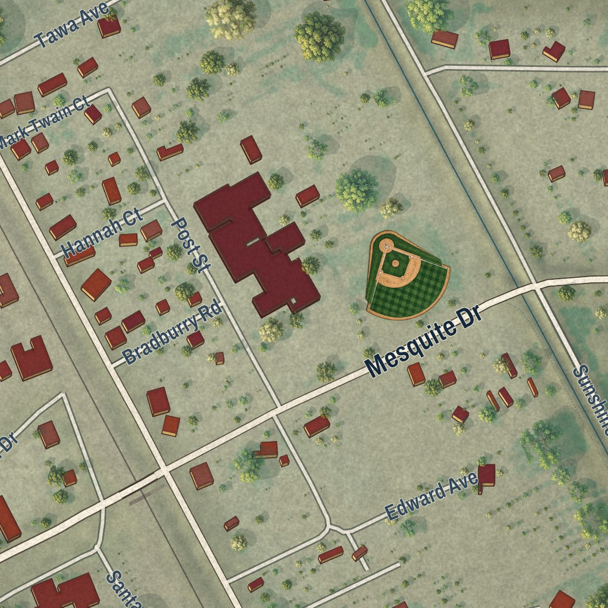 Close-up of the map of Mesquite, New Mexico print showing street and building detail