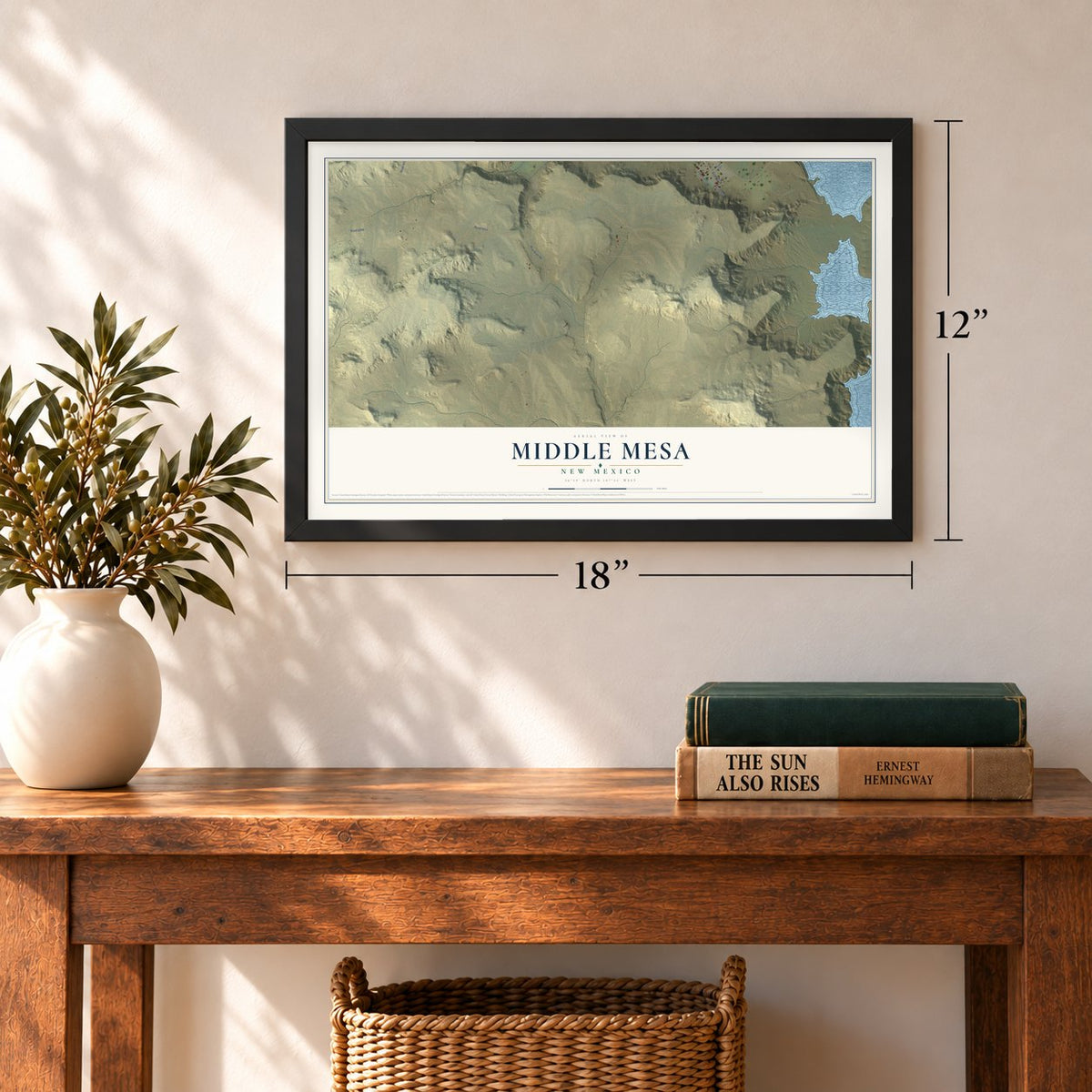 Middle Mesa, New Mexico map, 12 x 18 inch print in a black frame in an entryway