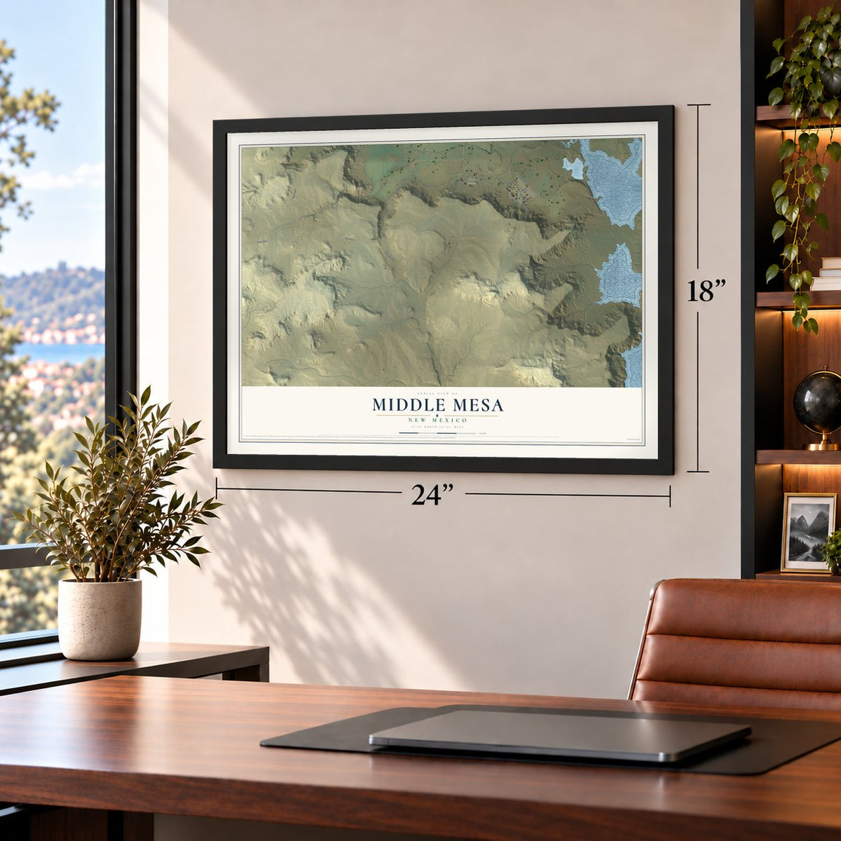 Middle Mesa, New Mexico map, 18 x 24 inch print in a black frame in a home office