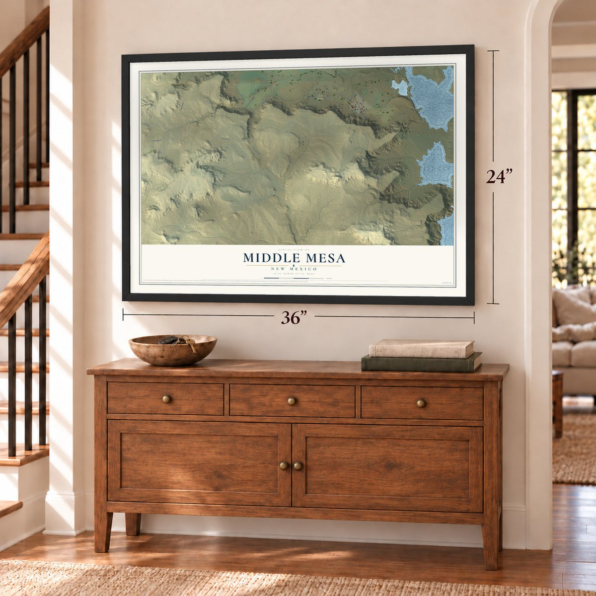 Middle Mesa, New Mexico map, 24 x 36 inch print in a black frame above a dresser by a staircase