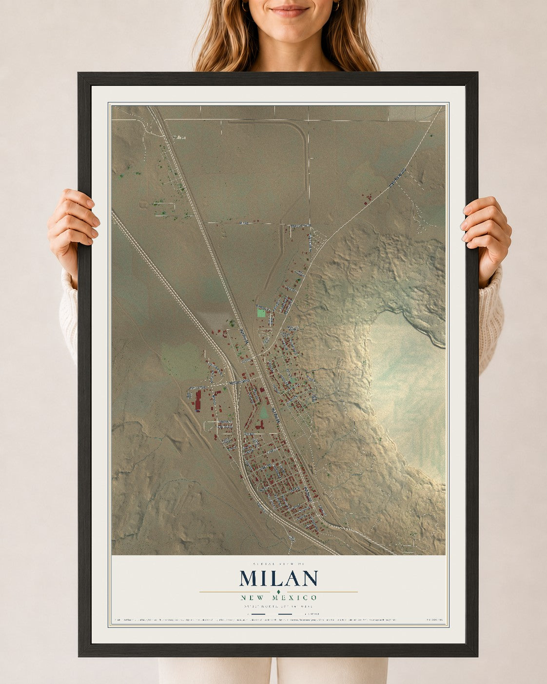 Map of Milan, New Mexico, 24 x 36 inch print in a black wood frame