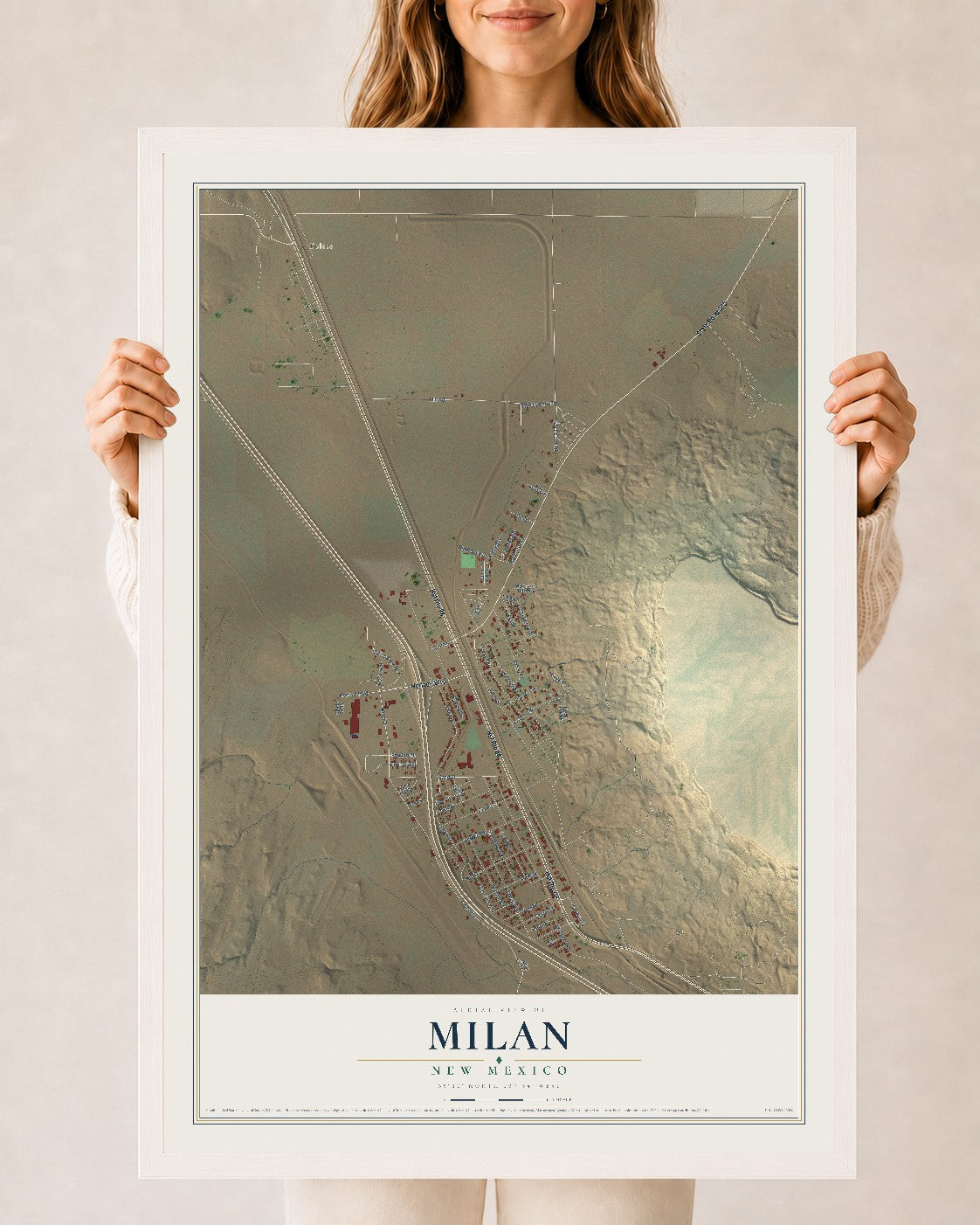 Map of Milan, New Mexico, 24 x 36 inch print in a white wood frame