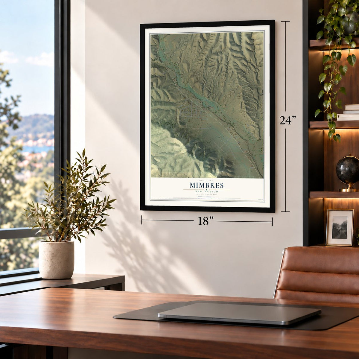 Mimbres, New Mexico map, 18 x 24 inch print in a black frame in a home office