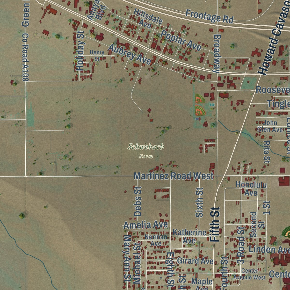 Close-up of the map of Moriarty, New Mexico print showing street and building detail