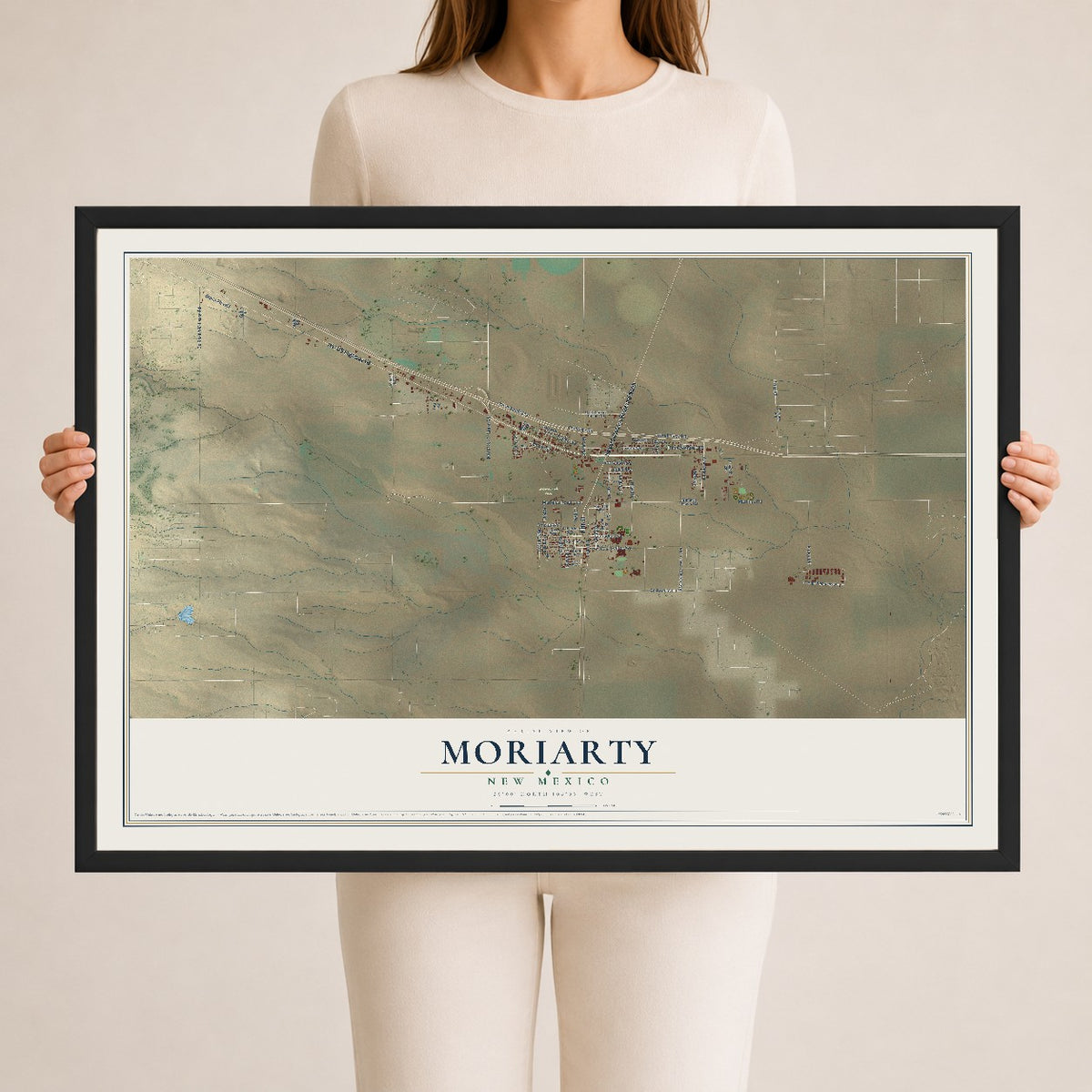 Map of Moriarty, New Mexico, 24 x 36 inch print in a black wood frame