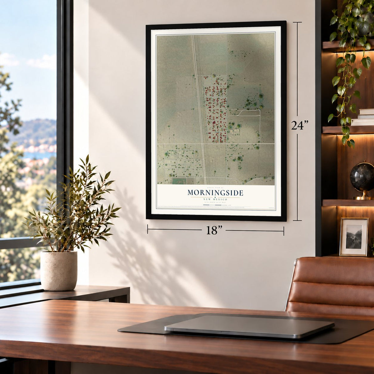 Morningside, New Mexico map, 18 x 24 inch print in a black frame in a home office
