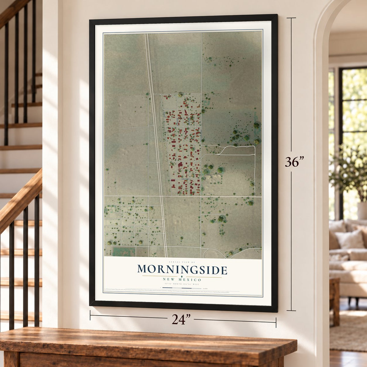 Morningside, New Mexico map, 24 x 36 inch print in a black frame by a staircase