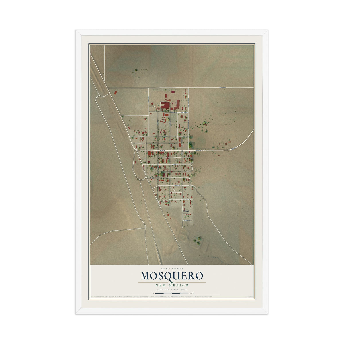 Map of Mosquero, New Mexico, 12 x 18 inch print in a white wood frame
