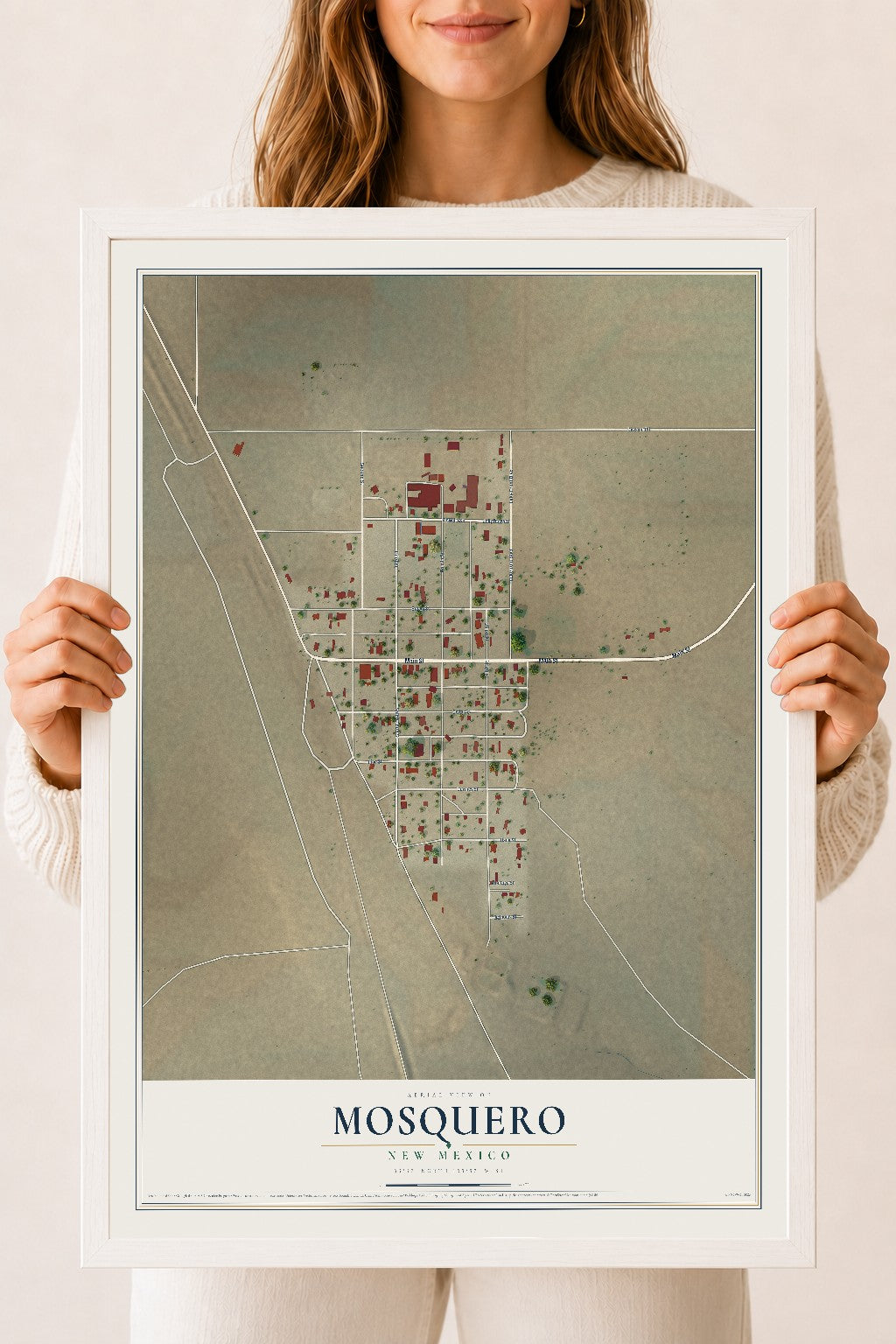 Map of Mosquero, New Mexico, 18 x 24 inch print in a white wood frame