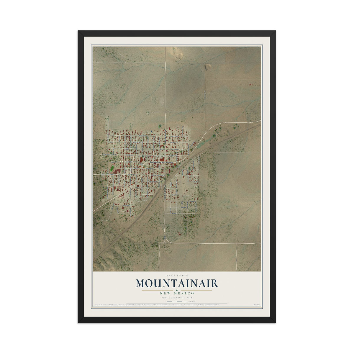 Map of Mountainair, New Mexico, 12 x 18 inch print in a black wood frame