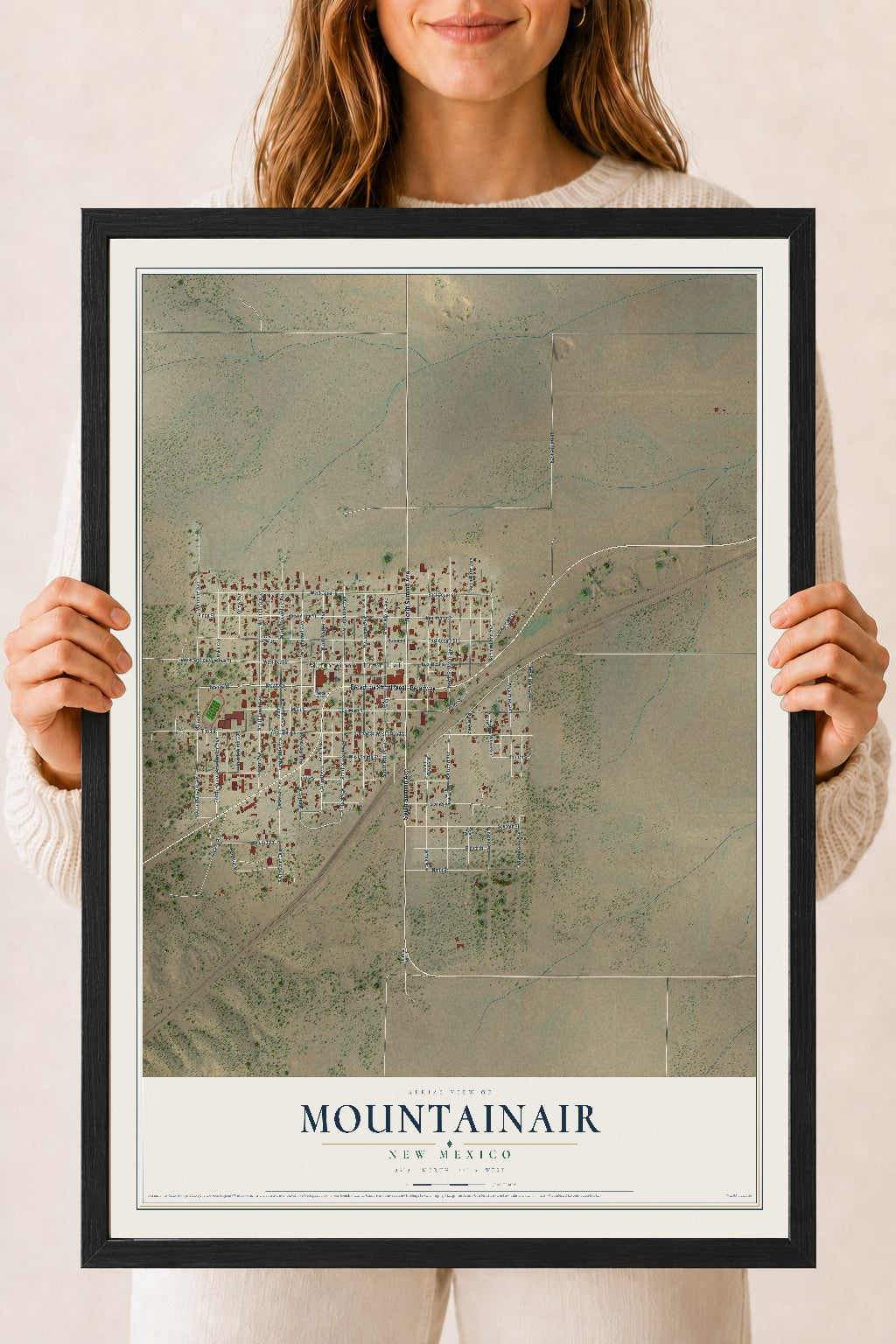 Map of Mountainair, New Mexico, 18 x 24 inch print in a black wood frame