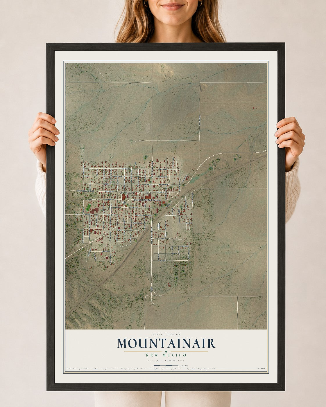 Map of Mountainair, New Mexico, 24 x 36 inch print in a black wood frame