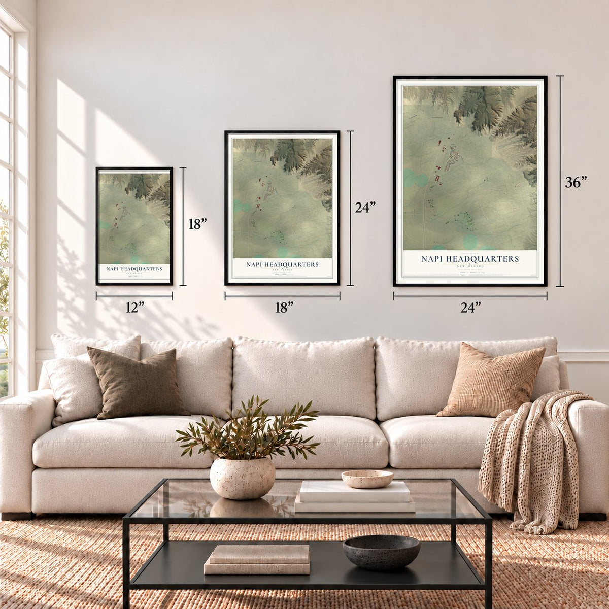 Napi Headquarters, New Mexico map in 12 x 18, 18 x 24 and 24 x 36 inch sizes above a sofa