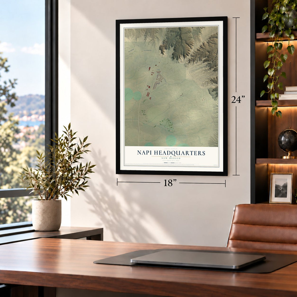 Napi Headquarters, New Mexico map, 18 x 24 inch print in a black frame in a home office