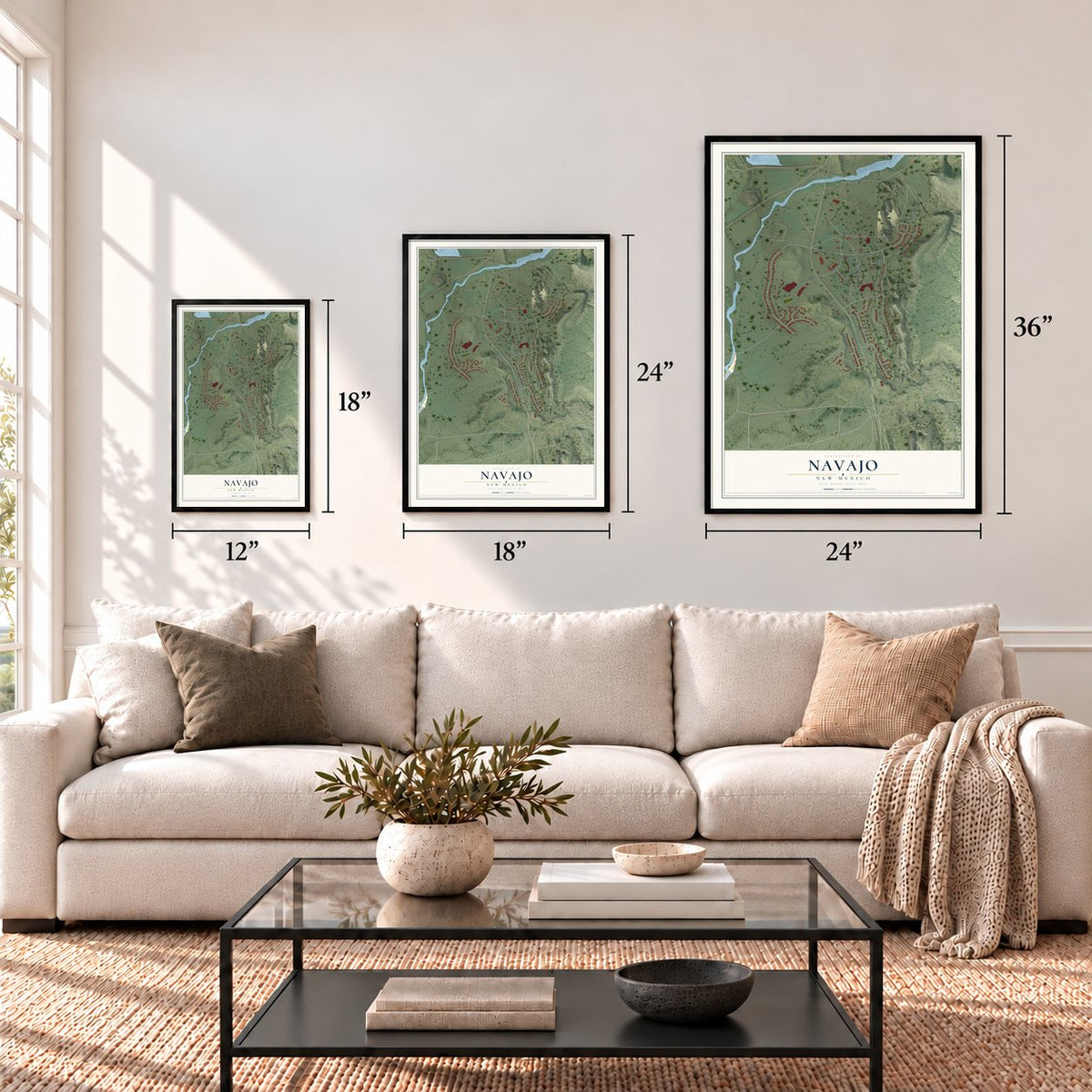 Navajo, New Mexico map in 12 x 18, 18 x 24 and 24 x 36 inch sizes above a sofa