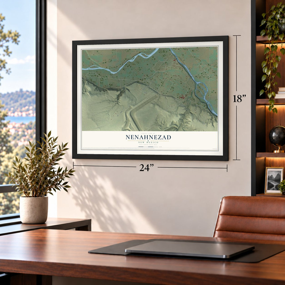 Nenahnezad, New Mexico map, 18 x 24 inch print in a black frame in a home office