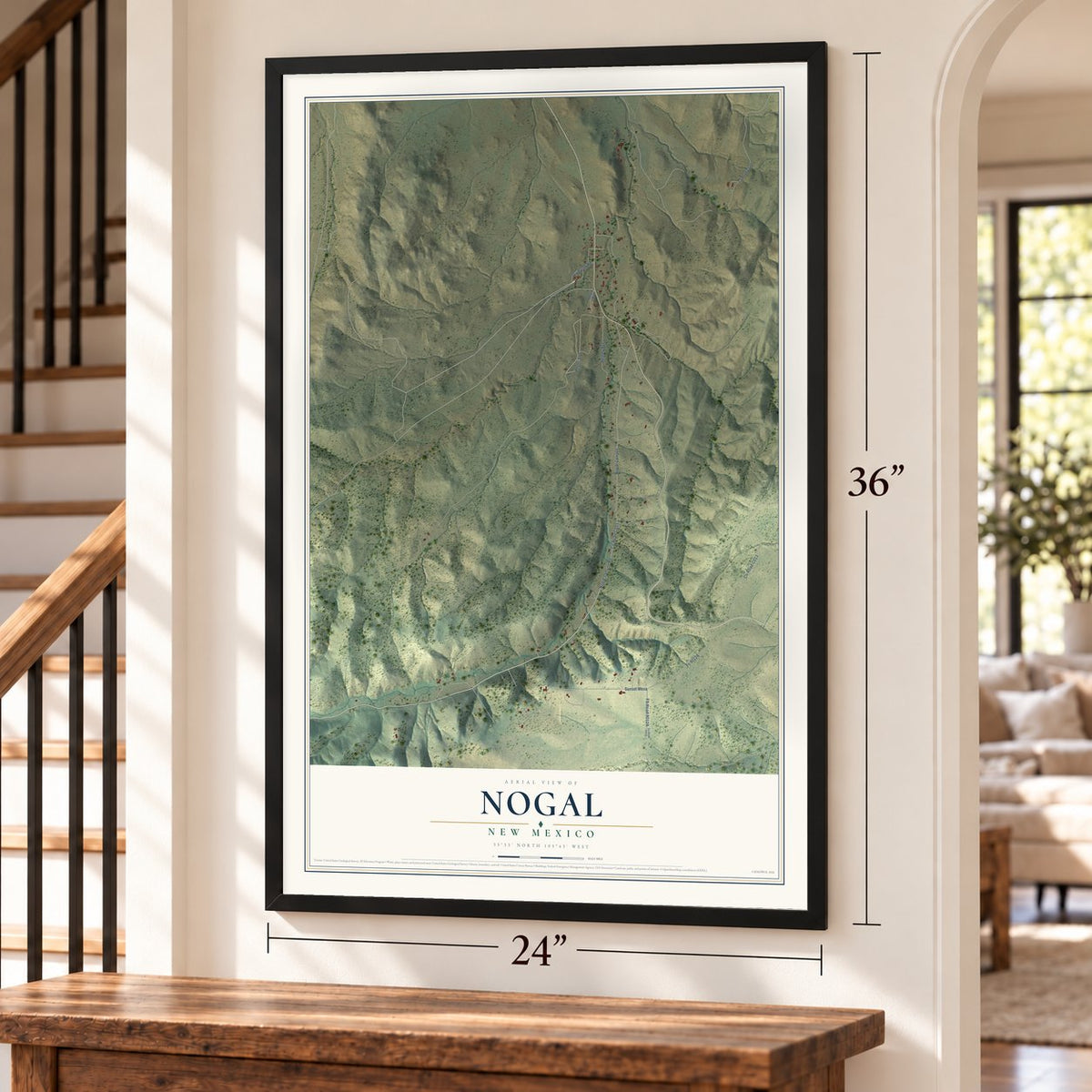 Nogal, New Mexico map, 24 x 36 inch print in a black frame by a staircase