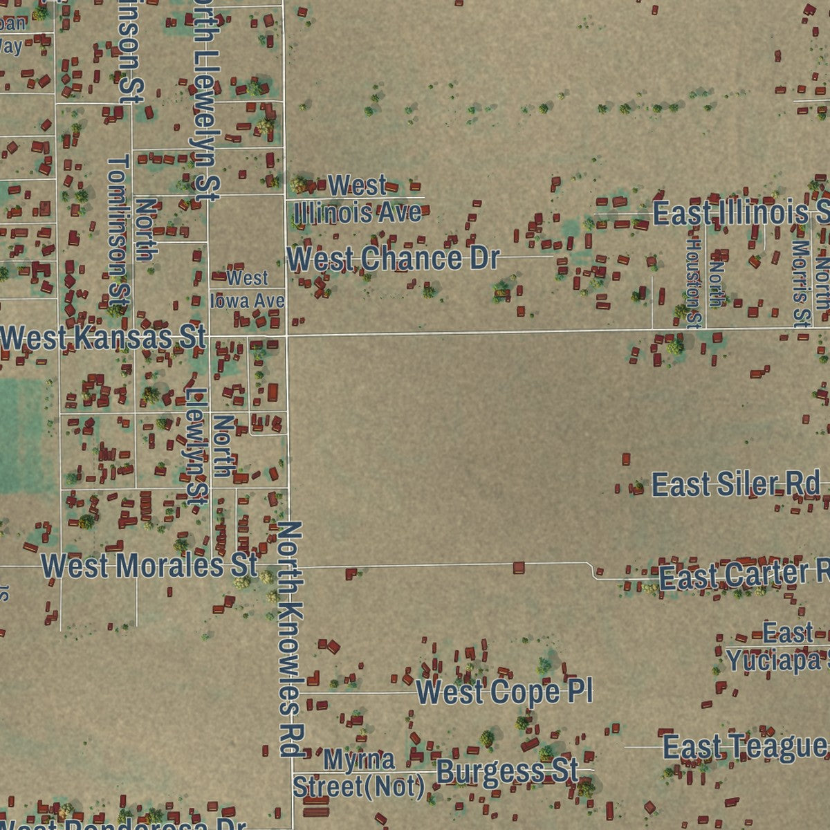 Close-up of the map of North Hobbs, New Mexico print showing street and building detail