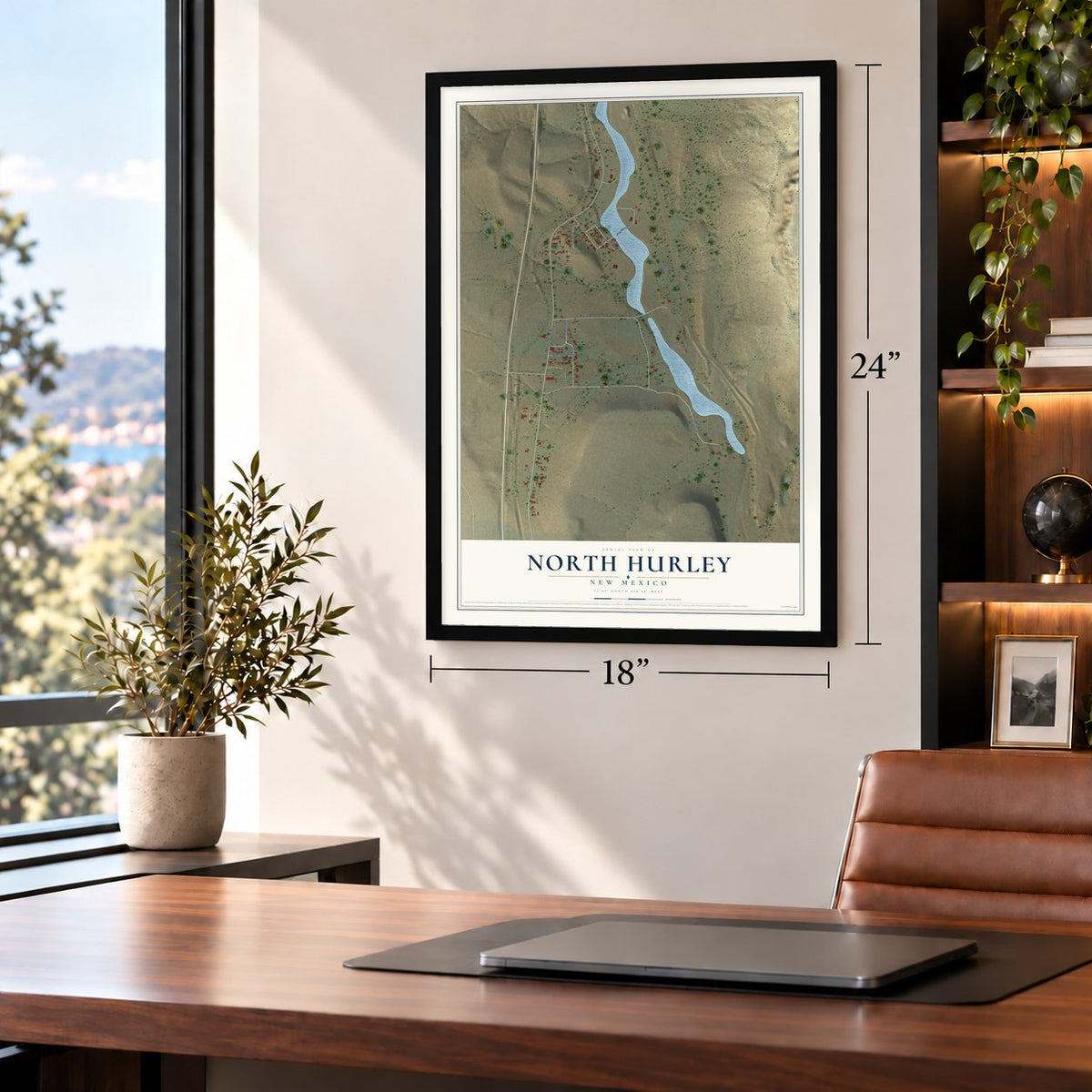 North Hurley, New Mexico map, 18 x 24 inch print in a black frame in a home office