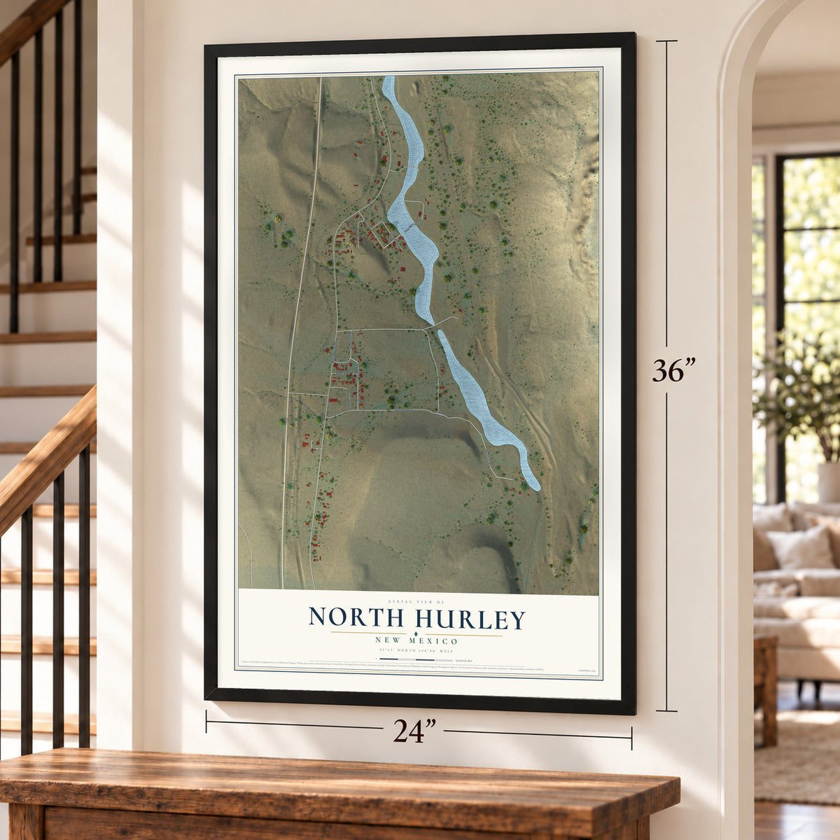 North Hurley, New Mexico map, 24 x 36 inch print in a black frame by a staircase