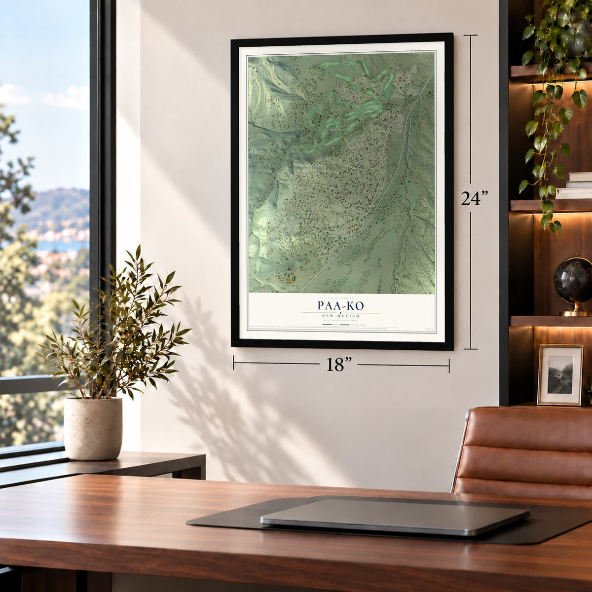 Paa-Ko, New Mexico map, 18 x 24 inch print in a black frame in a home office