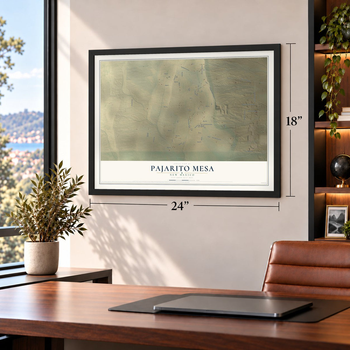 Pajarito Mesa, New Mexico map, 18 x 24 inch print in a black frame in a home office