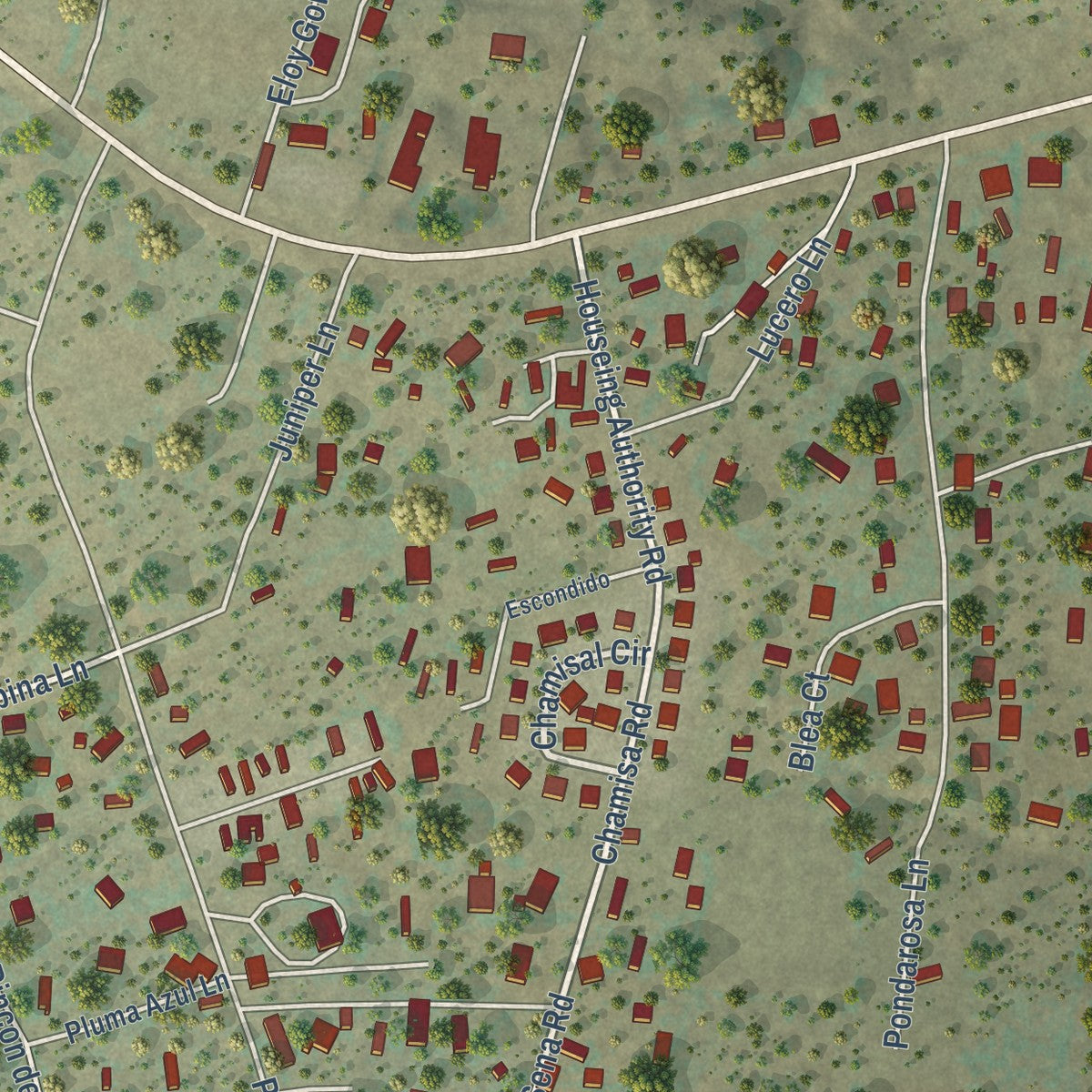 Close-up of the map of Pecos, New Mexico print showing street and building detail