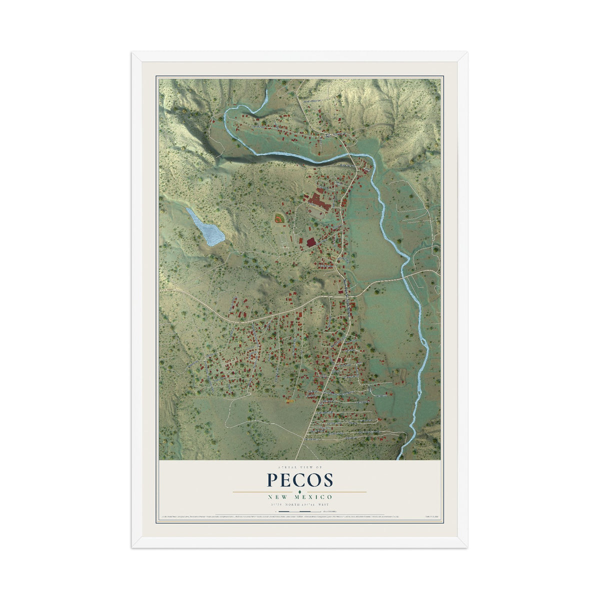 Map of Pecos, New Mexico, 12 x 18 inch print in a white wood frame
