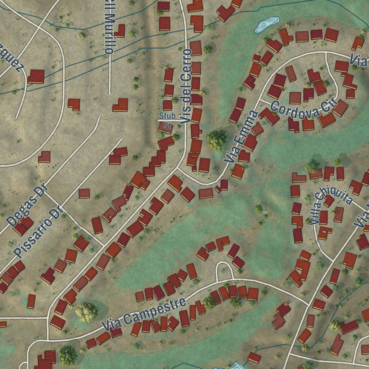 Close-up of the map of Picacho Hills, New Mexico print showing street and building detail