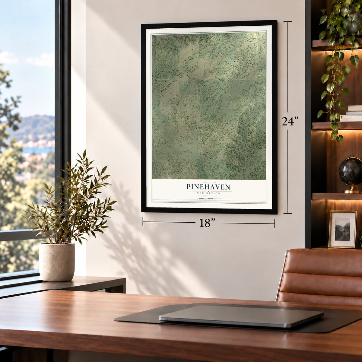 Pinehaven, New Mexico map, 18 x 24 inch print in a black frame in a home office