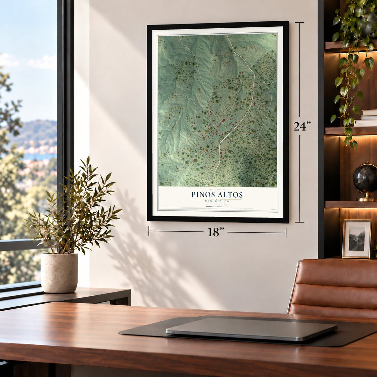 Pinos Altos, New Mexico map, 18 x 24 inch print in a black frame in a home office