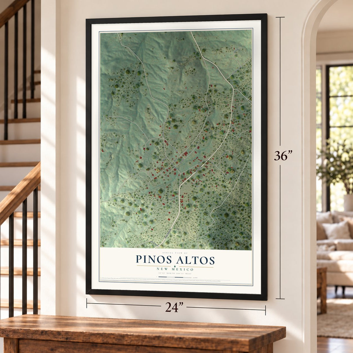 Pinos Altos, New Mexico map, 24 x 36 inch print in a black frame by a staircase