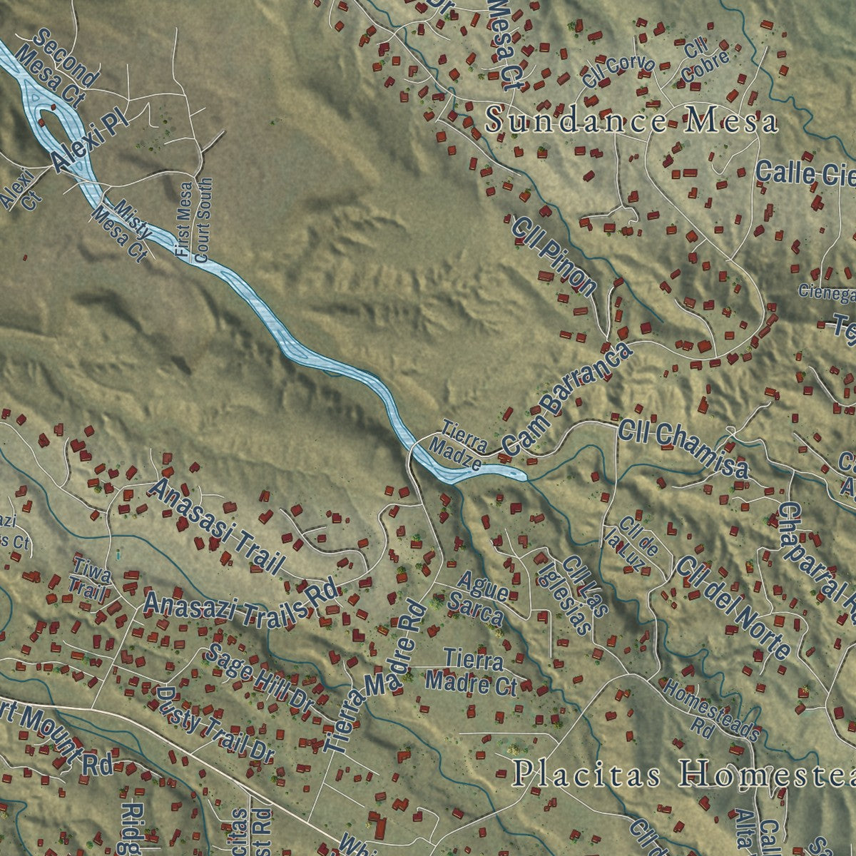 Close-up of the map of Placitas, Sandoval County, New Mexico print showing street and building detail