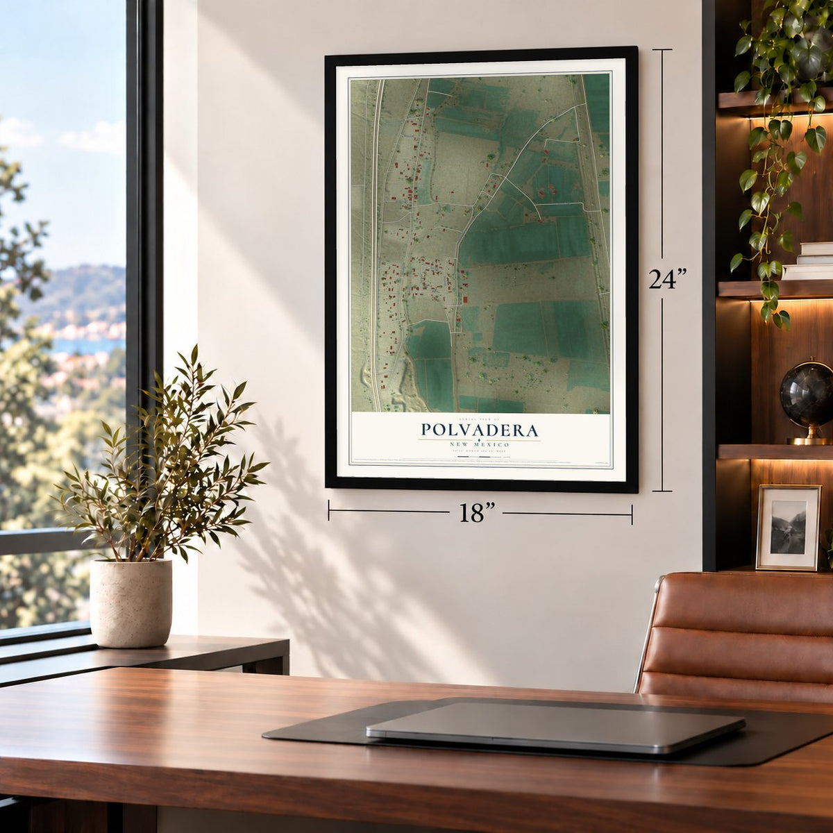 Polvadera, New Mexico map, 18 x 24 inch print in a black frame in a home office