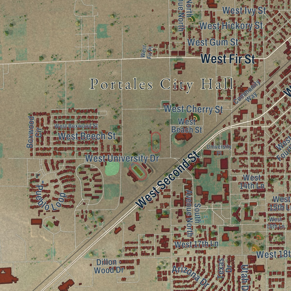 Close-up of the map of Portales, New Mexico print showing street and building detail