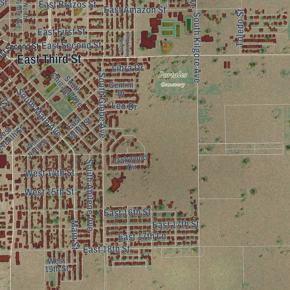 Second close-up of the map of Portales, New Mexico print showing more streets and buildings
